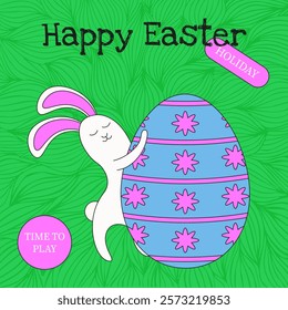Flat Happy Easter Poster cover template with weird Easter Bunny. Trippy hand drawn Bunny with Easter Egg. Perfect holiday vector illustration invitation card cover. EPS 10	