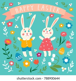 Flat happy easter vector illustration with cute rabbits and easter eggs and spring flowers isolated on blue background. Cartoon style. Good for holiday banner, congratulation card design.