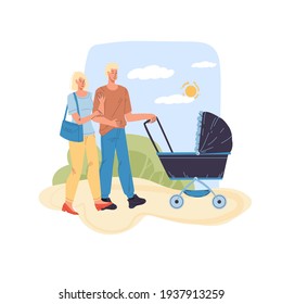 Сartoon Flat Happy Family Characters Couple Walks With Baby Carriage.Young People Mom Dad Walking Outdoors In City Park- Emotions,relationships,healthy Family Web Online Banner Social Concept