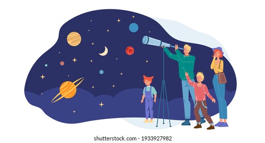 С imagen plana, personajes felices de la familia pasándose el rato divertido.Los jóvenes mamá papá niños viendo planetas, estrellas del cielo a través de un telescopio- emociones, relaciones, sana familia web banner en línea concepto social