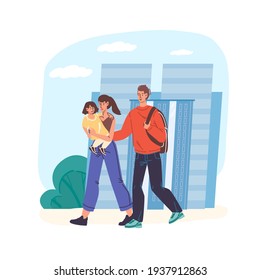 Сartoon flat happy family characters parents walking.Young people couple mom dad and kid walks outdoors in city park- emotions,relationships,healthy family web online banner social concept