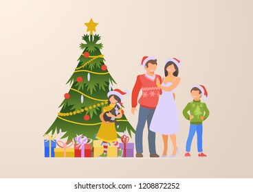 Flat happy family Christmas tree and gift boxes vector illustration. Winter Holidays and New Year Celebrations concept. Parents and children