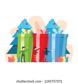 Flat happy family Christmas tree and gift boxes vector illustration. Winter Holidays New Year Celebrations concept.