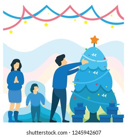 Flat happy family Christmas tree and gift boxes vector illustration. Winter Holidays New Year Celebrations concept.