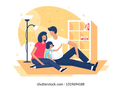 Flat happy family with father, mother and daughter sitting on floor under lamp. Concept man and woman characters, domestic pastime. Vector illustration.