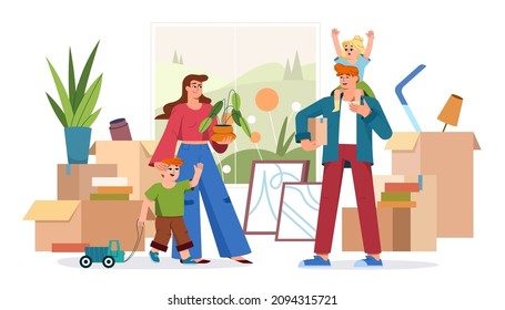 Flat happy family moving into new house. Smiling parents with kids carrying cardboard boxes, household items and houseplant in apartment. Joyful young couple with children hauling belongings.