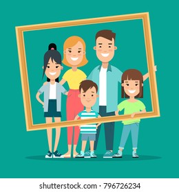 Flat Happy Family Portrait Picture Vector Illustration. Children And Parents. Parenting: Mother, Father, Kids, Son, Daughter. Creative People Collection