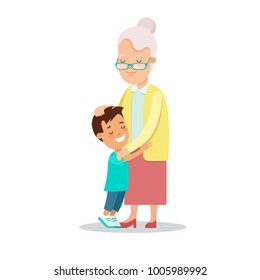 Flat Happy Family portrait vector character illustration. Grandmother and grandson hug. Children, parents, grandparents love concept