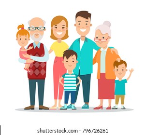 Flat Happy Family portrait vector illustration. Life cycle concept. children, parents, grandparents. Parenting: mother, father, kids, grandmother, grandfather, son, daughter