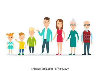 Flat Happy Family standing in line vector illustration. Life cycle concept. children, parents, grandparents.