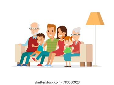 Flat Happy Family watching TV vector illustration. Children, parents, grandparents sitting on sofa. Mother, father, grandmother, grandfather, son and daughter. Parenting and grandparenting concept. 