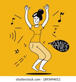 Flat happy girl dancing on yellow background, hand drawn illustration for social media and advertisement, party vector illustration with music