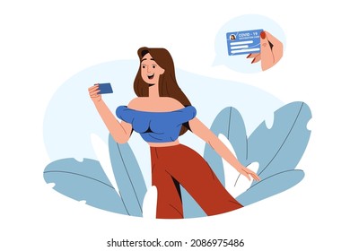 Flat happy girl holding vaccination record card. Vaccinated young woman hold health passport. Personal coronavirus vaccine information, individual immunity certificate. Protection from virus concept.