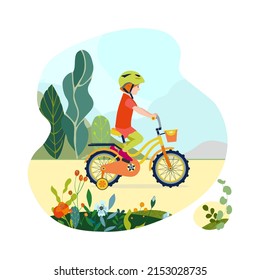 Flat Happy Girl Kid On Bicycle On A Park Road With Flowers And Leaves. Child Riding Colorful Bike Outdoor Sport In Natural Summer Landscape By Pathway Track Through Green. Vector Illustration