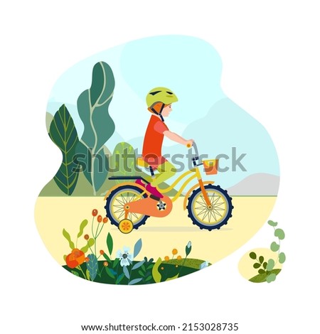 Flat happy girl kid on bicycle on a park road with flowers and leaves. Child riding colorful bike outdoor sport in natural summer landscape by pathway track through green. Vector illustration