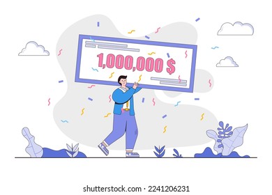Un chico feliz y llano ganando el concepto del premio del dinero. Estilo de diseño de contorno ilustración vectorial mínima para página de inicio, banner web, infografías, imágenes de héroe.