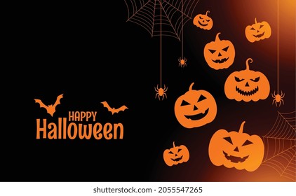 flat happy halloween card with pumpkins and spiders