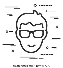 Flat happy head of man with glasses icon on a white background with lines