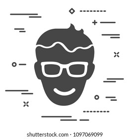 Flat happy head of man with glasses icon on a white background with lines