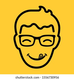 Flat happy head of man with smile, tongue and sunglasses on yellow background