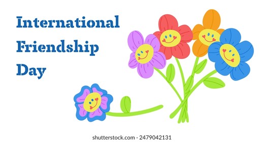 Flat Happy International friendship day banner with retro bunch of flowers from 2000s. Colorful horizontal poster in flat style and neon colors on white background. Retro design in y2k style