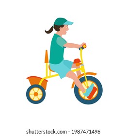 Flat happy kid on bicycle. Child riding colorful bike on white background. Girl kid outdoor bike sport. Vector illustration.