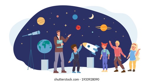 С artoon flache glückliche Kinderfiguren in der Astronomie-Klasse im Planetarium.Kinder studieren Planeten, Sterne, Teleskop, Raketentempörungen, Beziehungen, Bildung, Online-Banner-Sozialkonzept