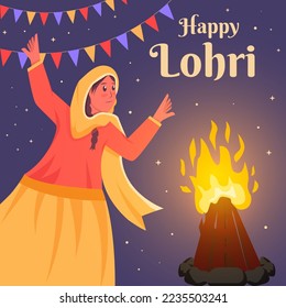 flat happy lohri illustration with women dancing and bonfire