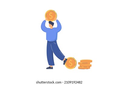 Flat happy man holding golden coin above head. Rich person with cash gold coins. Concept of invest money and increase income.