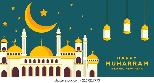 flat happy muharram and islamic new year background illustration with mosque, moon, and stars