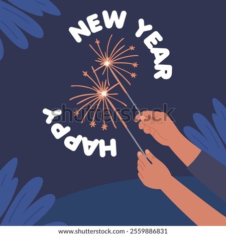 flat happy new year hand holding sparkler firework vector illustration.