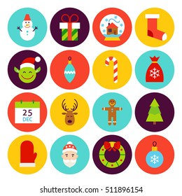 Flat Happy New Year Icons. Vector Illustration. Winter Holiday. Collection of Circle Symbols.