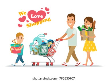 Flat Happy parents and child with purchases on cart vector illustration. Son with mother and father. Shopping family concept.