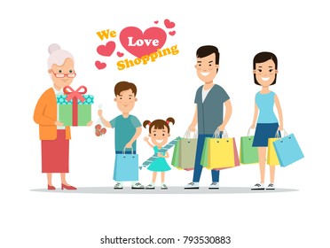 Flat Happy parents and children with purchases on cart vector illustration. Son, daughter with mother, father and grandmother with gift. Family shopping concept.