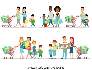 Flat Happy parents and children with purchases on cart vector illustration set. Son, daughter with mother, father. Family shopping concept.