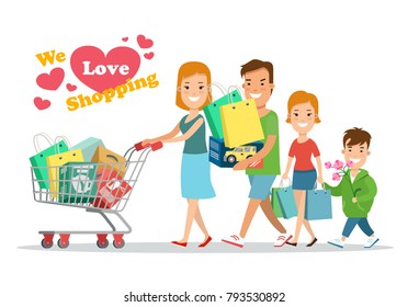 Flat Happy parents and children with purchases on cart vector illustration. Son and daughter with mother and father. Family shopping concept.