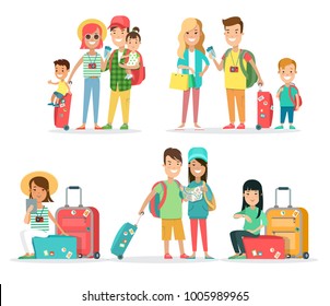 Flat Happy parents and children and young people with baggage and tickets on white background vector illustration. Family and casual man and women vacation travel concept.