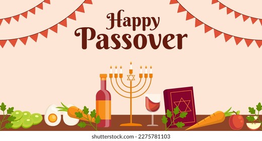 flat happy passover horizontal banner illustration with vegetables, holy book, and drink