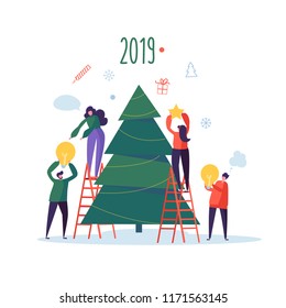 Flat Happy People Decorating Christmas Tree. Merry Xmas Holiday Party. Characters Celebrating New Year Eve. Vector illustration