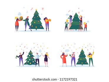 Flat Happy People Decorating Christmas Tree. Merry Xmas Holiday Party. Characters Celebrating New Year Eve. Vector illustration