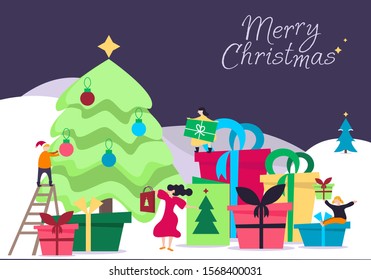 Flat Happy People Decorating  Christmas tree.  Illustration for flyer and booklet, brochure and website. Merry Xmas Holiday Party.