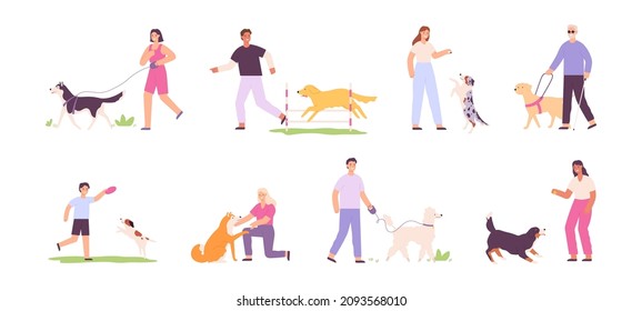 Flat happy people walking, training and playing with dogs. Blind person with guide dog. Men and women and domestic dogs activity vector set. Illustration of dog training owner character