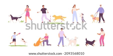 Flat happy people walking, training and playing with dogs. Blind person with guide dog. Men and women and domestic dogs activity vector set. Illustration of dog training owner character