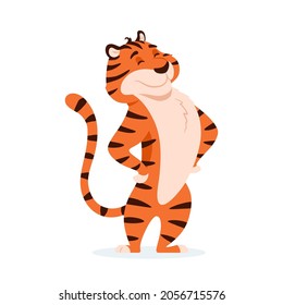 Flat happy smiling striped tiger isolated on white background. Cute funny joyful wild cat. New Year 2022 Chinese symbol. Holiday standing smiling cheerful animal character vector illustration.