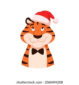 Flat happy smiling striped tiger in Santa hat portrait isolated on white background. Cute funny wild cat head. New Year 2022 Chinese symbol. Holiday cheerful animal character vector illustration.