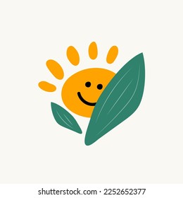 Flat happy yellow sun, baby logo. Sun icon