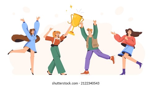 Flat happy young people holding golden trophy. Group of joyful winners with champion cup celebrate victory win, rejoice of success together. Competition champions hold goblet. Team achievement award.