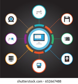 Flat Hard Disk, Display, Diskette And Other Vector Elements. Set Of PC Flat Symbols Also Includes Display, Hdd, Floppy Objects.