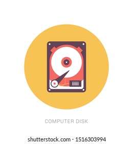 Flat hard drive disk icon for web. Yellow theme concept