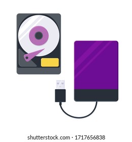 Flat hard drive disk icon for web. External Hard Disk drive with USB cable Isolated on white background. Portable external HDD. Memory drive vector illustration